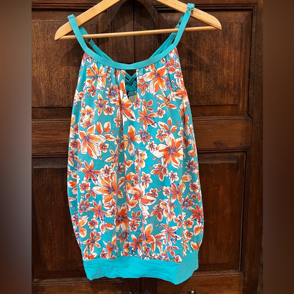 Lands’ End Tankini Swimsuit Top Blouse on Floral Turquoise Coral Strappy sz 24W - Picture 15 of 15